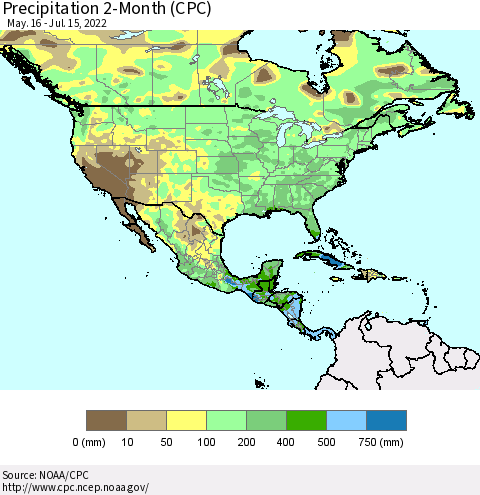 North America Precipitation 2-Month (CPC) Thematic Map For 5/16/2022 - 7/15/2022