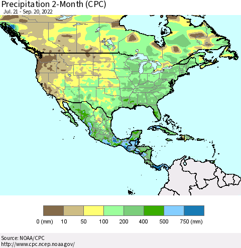 North America Precipitation 2-Month (CPC) Thematic Map For 7/21/2022 - 9/20/2022