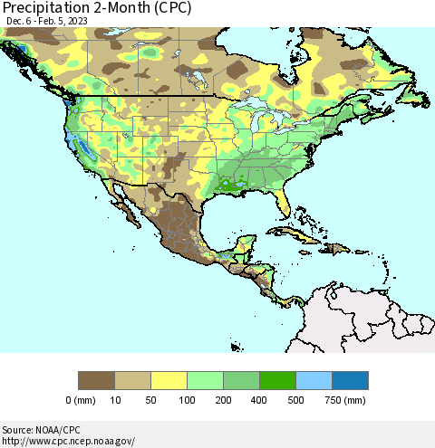 North America Precipitation 2-Month (CPC) Thematic Map For 12/6/2022 - 2/5/2023
