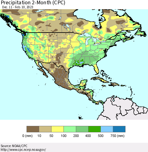 North America Precipitation 2-Month (CPC) Thematic Map For 12/11/2022 - 2/10/2023