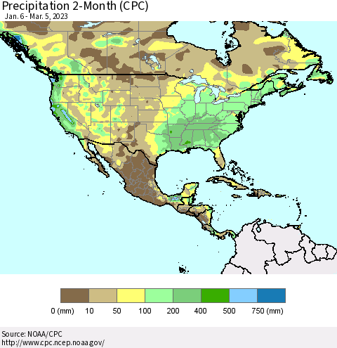 North America Precipitation 2-Month (CPC) Thematic Map For 1/6/2023 - 3/5/2023