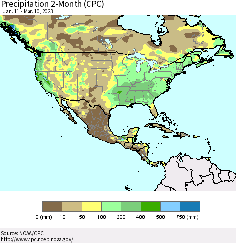 North America Precipitation 2-Month (CPC) Thematic Map For 1/11/2023 - 3/10/2023