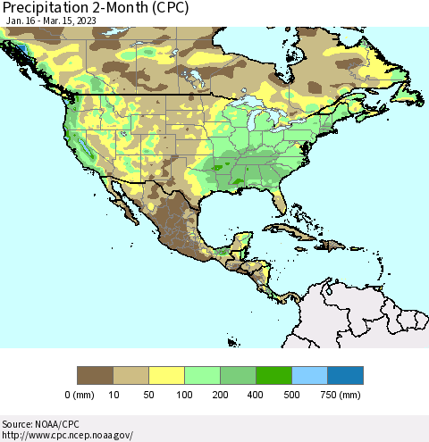 North America Precipitation 2-Month (CPC) Thematic Map For 1/16/2023 - 3/15/2023