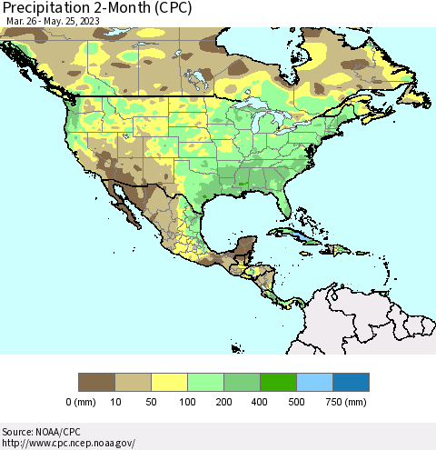 North America Precipitation 2-Month (CPC) Thematic Map For 3/26/2023 - 5/25/2023
