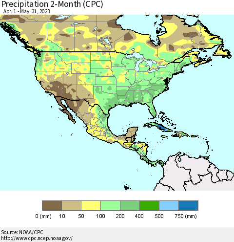 North America Precipitation 2-Month (CPC) Thematic Map For 4/1/2023 - 5/31/2023