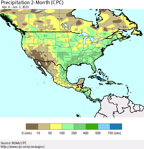 North America Precipitation 2-Month (CPC) Thematic Map For 4/6/2023 - 6/5/2023