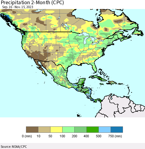 North America Precipitation 2-Month (CPC) Thematic Map For 9/16/2023 - 11/15/2023