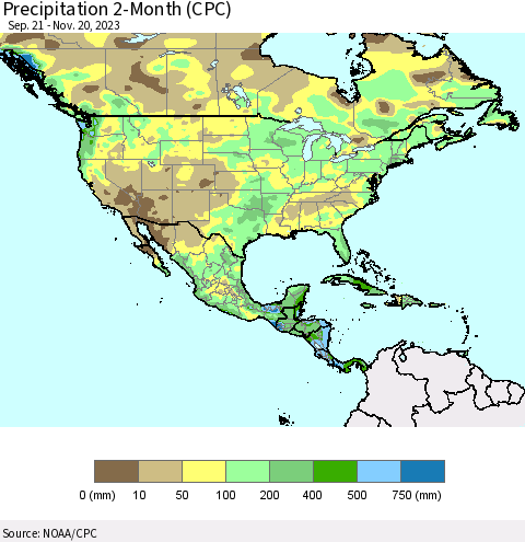 North America Precipitation 2-Month (CPC) Thematic Map For 9/21/2023 - 11/20/2023