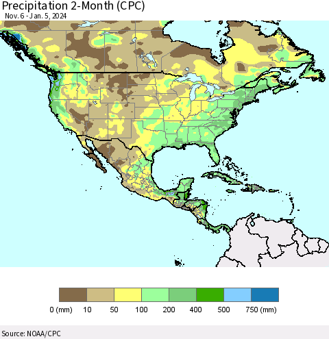 North America Precipitation 2-Month (CPC) Thematic Map For 11/6/2023 - 1/5/2024