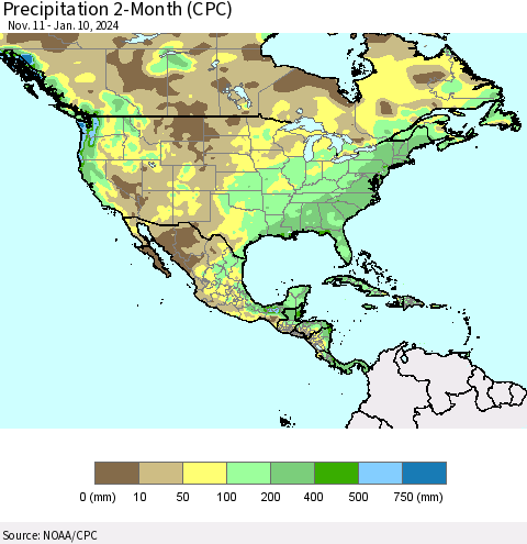 North America Precipitation 2-Month (CPC) Thematic Map For 11/11/2023 - 1/10/2024