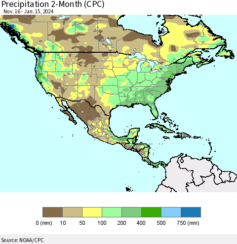 North America Precipitation 2-Month (CPC) Thematic Map For 11/16/2023 - 1/15/2024