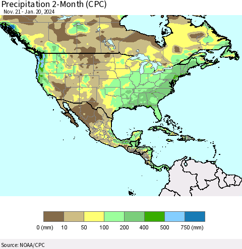 North America Precipitation 2-Month (CPC) Thematic Map For 11/21/2023 - 1/20/2024