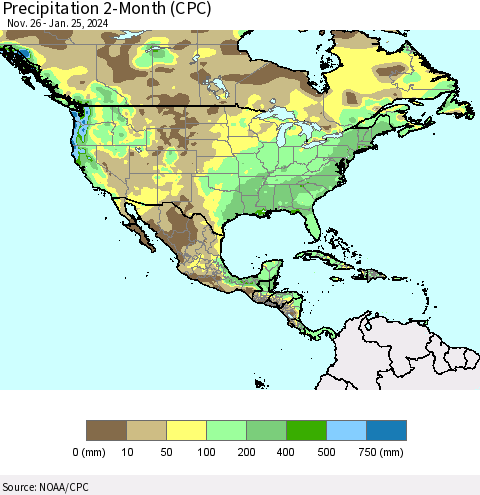 North America Precipitation 2-Month (CPC) Thematic Map For 11/26/2023 - 1/25/2024