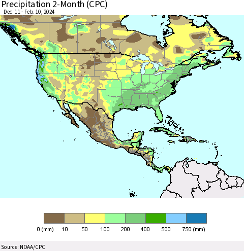 North America Precipitation 2-Month (CPC) Thematic Map For 12/11/2023 - 2/10/2024