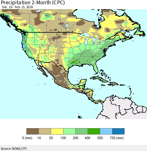 North America Precipitation 2-Month (CPC) Thematic Map For 12/16/2023 - 2/15/2024
