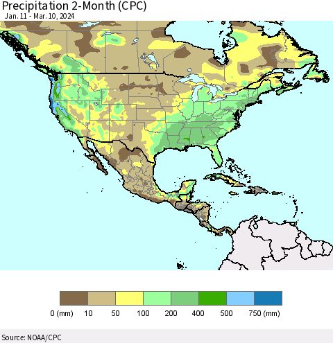 North America Precipitation 2-Month (CPC) Thematic Map For 1/11/2024 - 3/10/2024