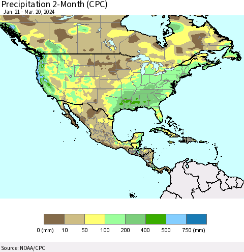 North America Precipitation 2-Month (CPC) Thematic Map For 1/21/2024 - 3/20/2024