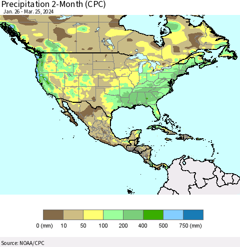 North America Precipitation 2-Month (CPC) Thematic Map For 1/26/2024 - 3/25/2024