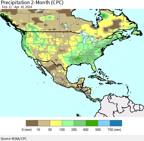 North America Precipitation 2-Month (CPC) Thematic Map For 2/11/2024 - 4/10/2024