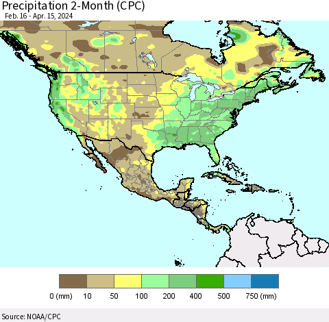 North America Precipitation 2-Month (CPC) Thematic Map For 2/16/2024 - 4/15/2024