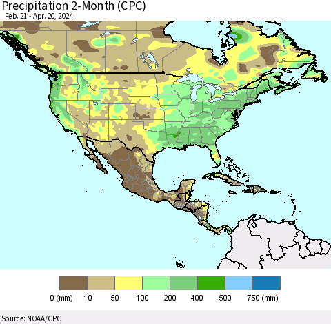 North America Precipitation 2-Month (CPC) Thematic Map For 2/21/2024 - 4/20/2024