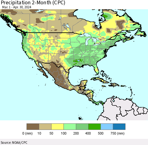 North America Precipitation 2-Month (CPC) Thematic Map For 3/1/2024 - 4/30/2024