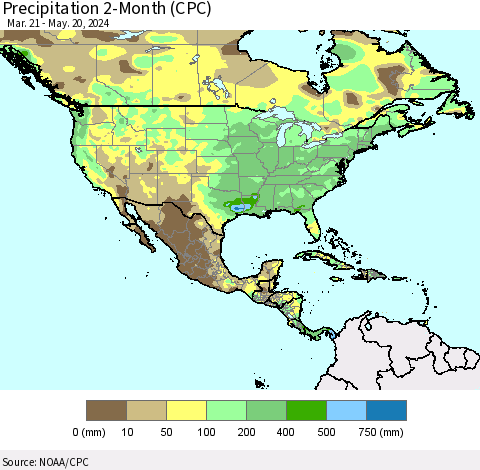 North America Precipitation 2-Month (CPC) Thematic Map For 3/21/2024 - 5/20/2024