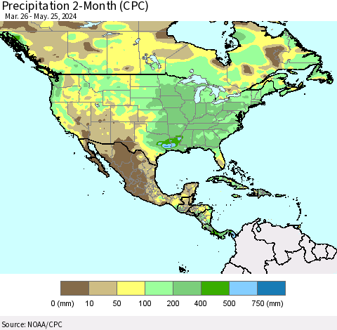 North America Precipitation 2-Month (CPC) Thematic Map For 3/26/2024 - 5/25/2024