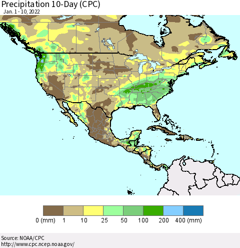 North America Precipitation 10-Day (CPC) Thematic Map For 1/1/2022 - 1/10/2022