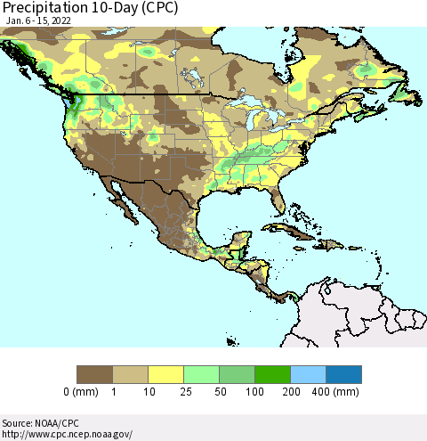 North America Precipitation 10-Day (CPC) Thematic Map For 1/6/2022 - 1/15/2022
