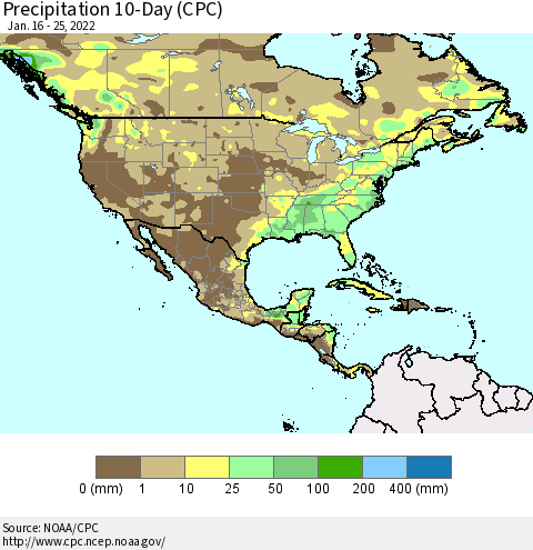 North America Precipitation 10-Day (CPC) Thematic Map For 1/16/2022 - 1/25/2022