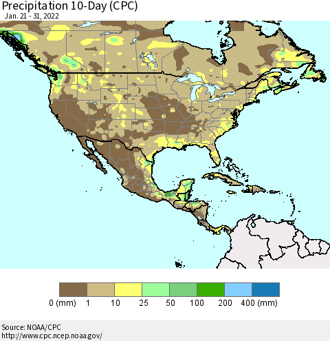 North America Precipitation 10-Day (CPC) Thematic Map For 1/21/2022 - 1/31/2022