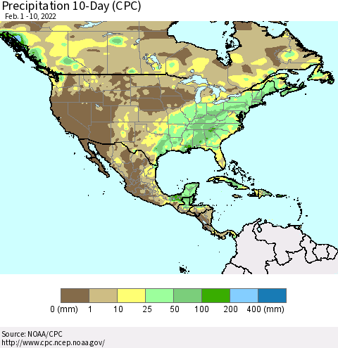 North America Precipitation 10-Day (CPC) Thematic Map For 2/1/2022 - 2/10/2022
