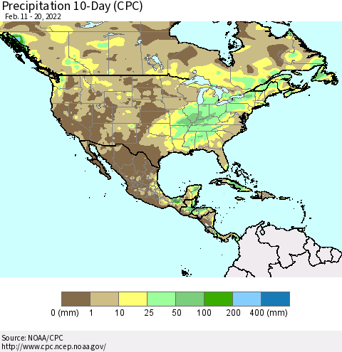 North America Precipitation 10-Day (CPC) Thematic Map For 2/11/2022 - 2/20/2022