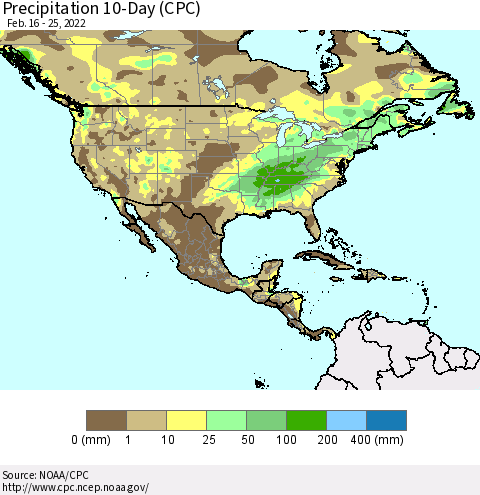 North America Precipitation 10-Day (CPC) Thematic Map For 2/16/2022 - 2/25/2022