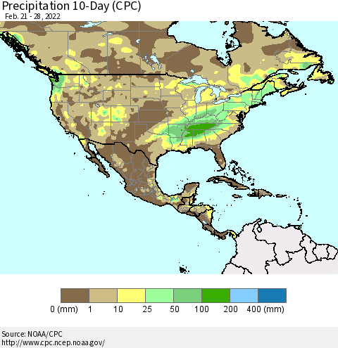 North America Precipitation 10-Day (CPC) Thematic Map For 2/21/2022 - 2/28/2022