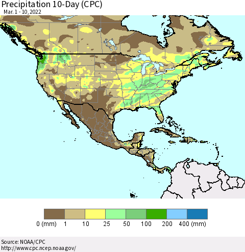North America Precipitation 10-Day (CPC) Thematic Map For 3/1/2022 - 3/10/2022