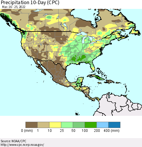 North America Precipitation 10-Day (CPC) Thematic Map For 3/16/2022 - 3/25/2022