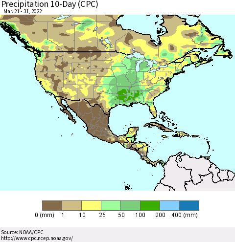 North America Precipitation 10-Day (CPC) Thematic Map For 3/21/2022 - 3/31/2022