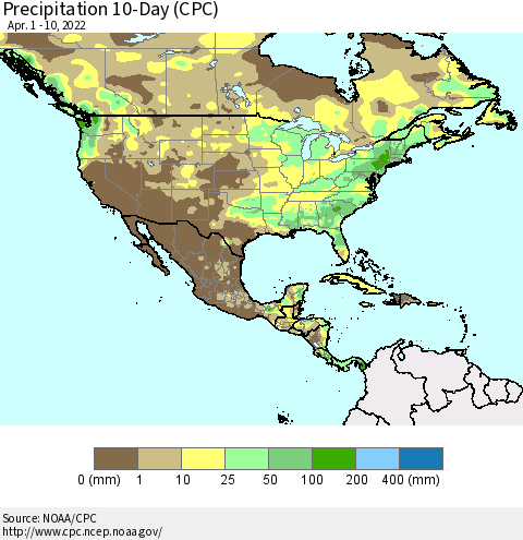 North America Precipitation 10-Day (CPC) Thematic Map For 4/1/2022 - 4/10/2022