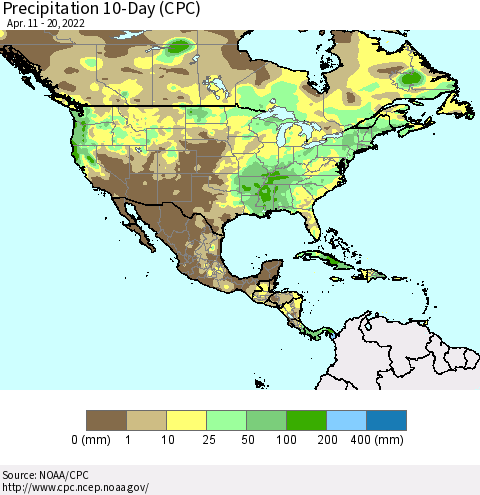 North America Precipitation 10-Day (CPC) Thematic Map For 4/11/2022 - 4/20/2022