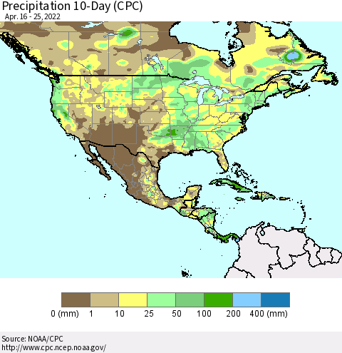 North America Precipitation 10-Day (CPC) Thematic Map For 4/16/2022 - 4/25/2022
