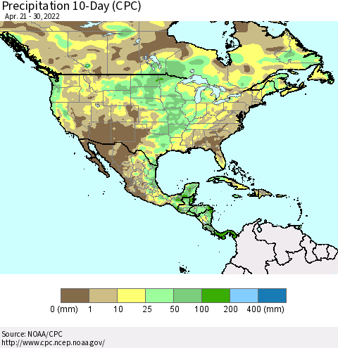 North America Precipitation 10-Day (CPC) Thematic Map For 4/21/2022 - 4/30/2022