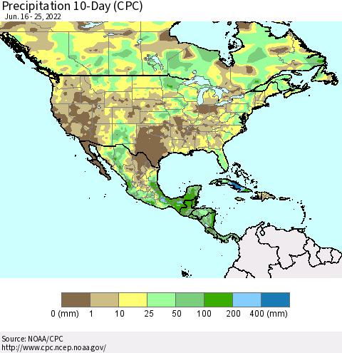 North America Precipitation 10-Day (CPC) Thematic Map For 6/16/2022 - 6/25/2022