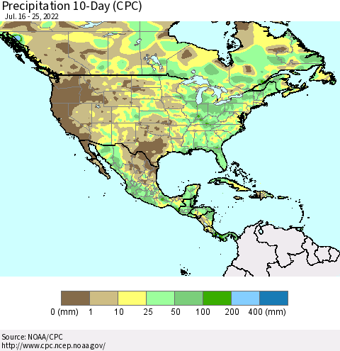 North America Precipitation 10-Day (CPC) Thematic Map For 7/16/2022 - 7/25/2022