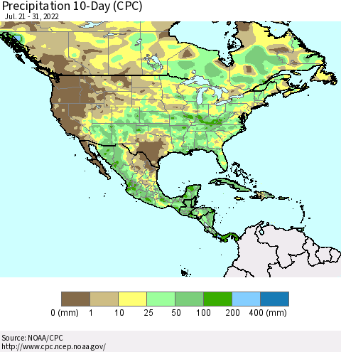 North America Precipitation 10-Day (CPC) Thematic Map For 7/21/2022 - 7/31/2022