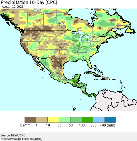 North America Precipitation 10-Day (CPC) Thematic Map For 8/1/2022 - 8/10/2022