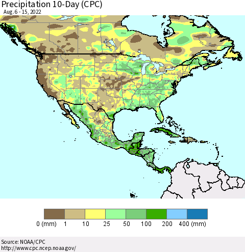 North America Precipitation 10-Day (CPC) Thematic Map For 8/6/2022 - 8/15/2022