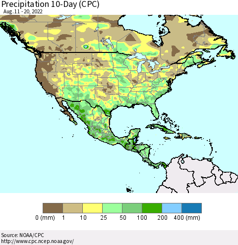 North America Precipitation 10-Day (CPC) Thematic Map For 8/11/2022 - 8/20/2022