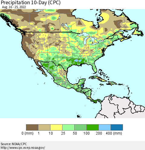 North America Precipitation 10-Day (CPC) Thematic Map For 8/16/2022 - 8/25/2022